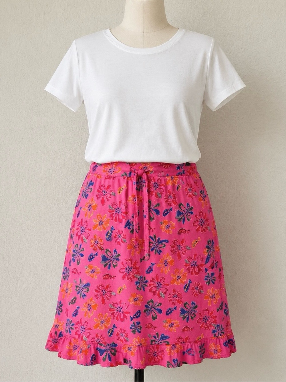 FRESH PRODUCE A-line Midi Skirt M Pull-On Floral Fish Print Beach Resort Summer